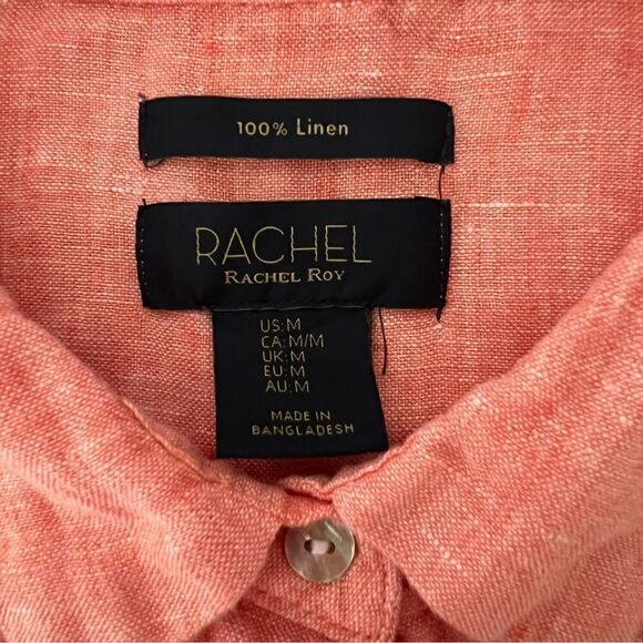 Rachel Roy Shirt Top Womens Sz M Salmon Linen Button Up Short Sleeve Rolled Cuff - Picture 9 of 12